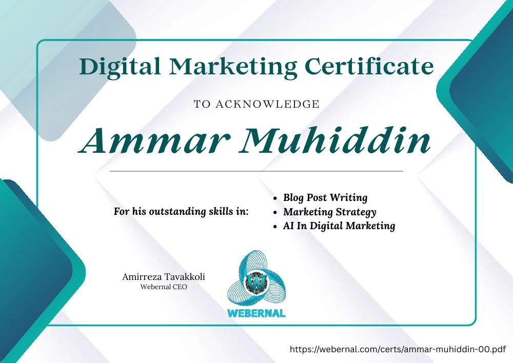 پیش‌نمایش گواهی Ammar Muhiddin
