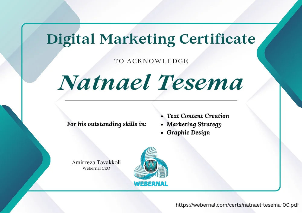پیش‌نمایش گواهی Natnael Tesema