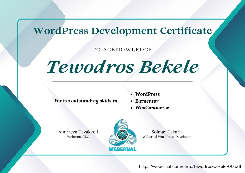 پیش‌نمایش گواهی Tewodros Bekele